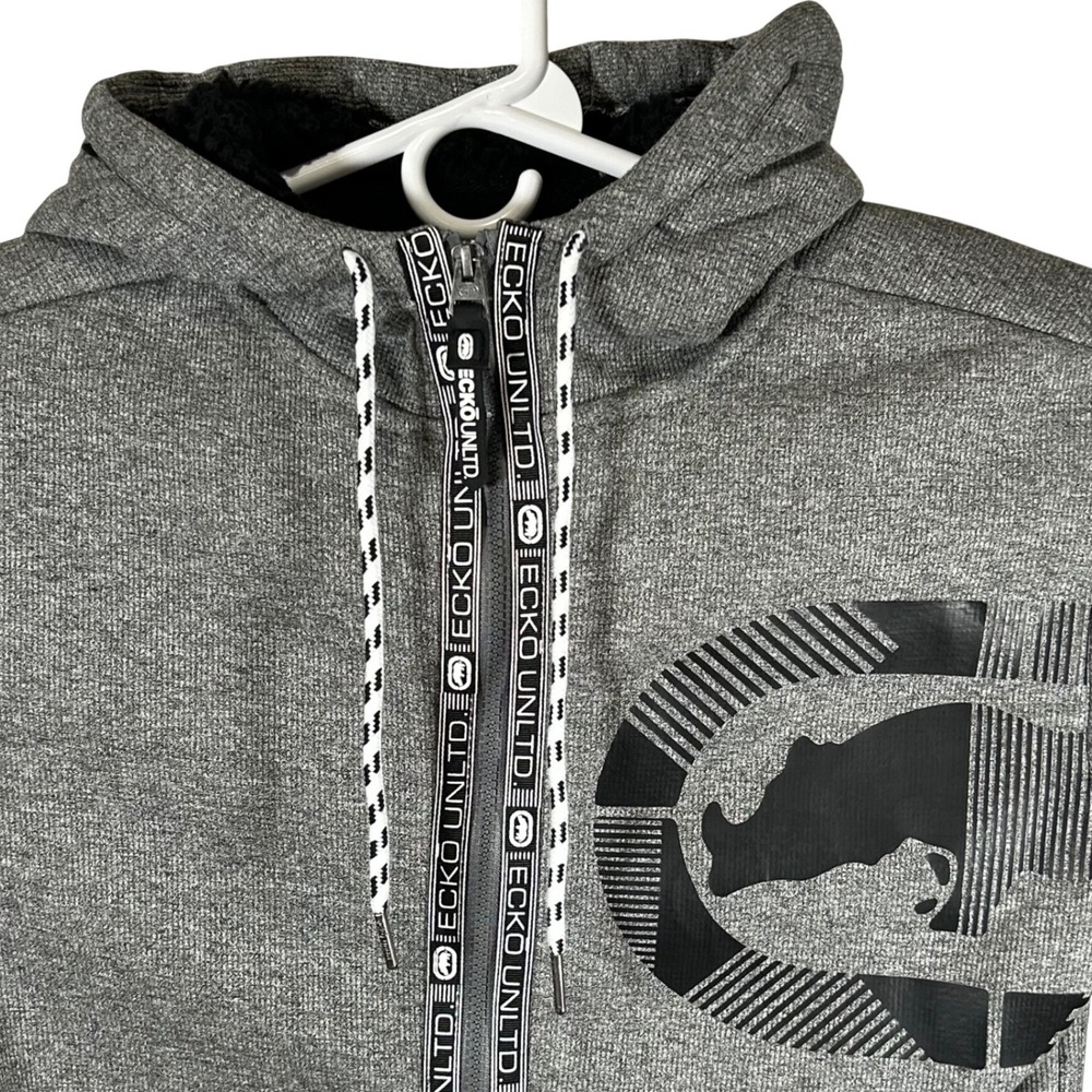 Ecko Unltd Mens Sherpa Lined Full Zip Hoodie Heather Grey Rhino Logo Small